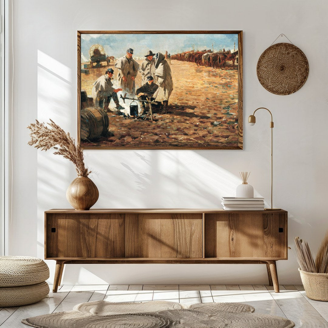 Step into a historical scene with this evocative landscape painting depicting a rustic campsite. for Sitting Area