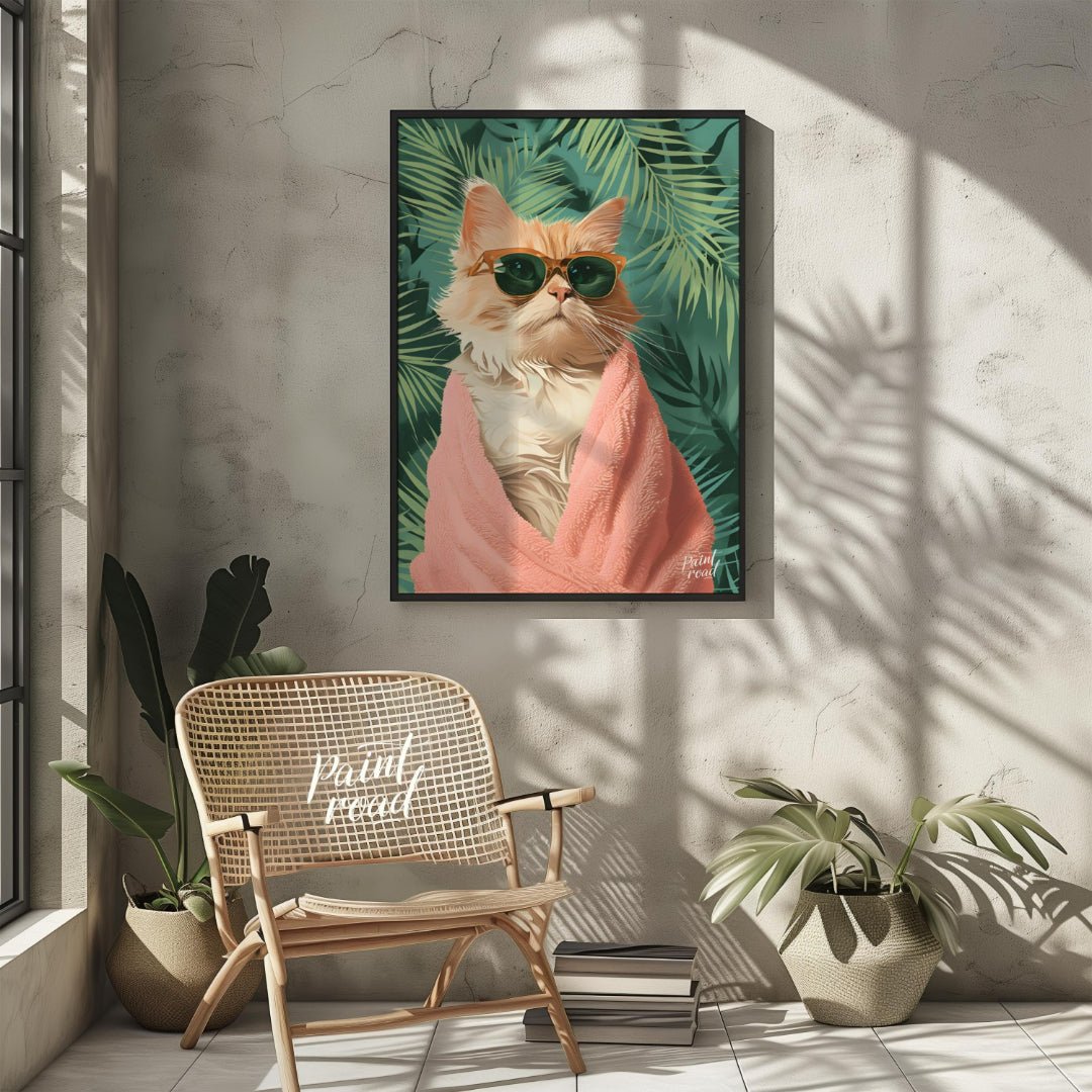 Paws & Paradise Painting available online at Paintroad showing bathroom cat and chill