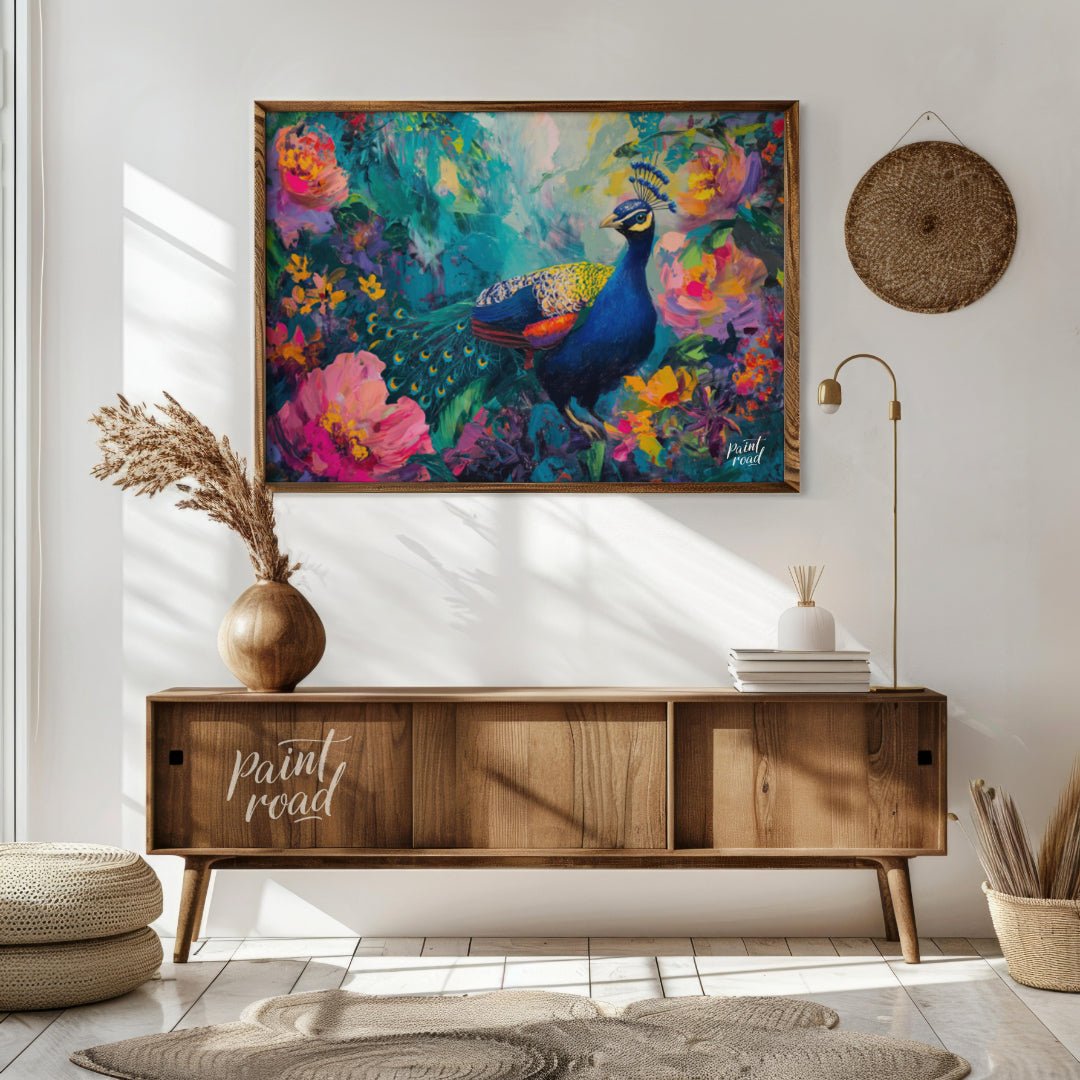 Peacock's Paradise is a vibrant and enchanting canvas painting that celebrates the breathtaking bea… for living room
