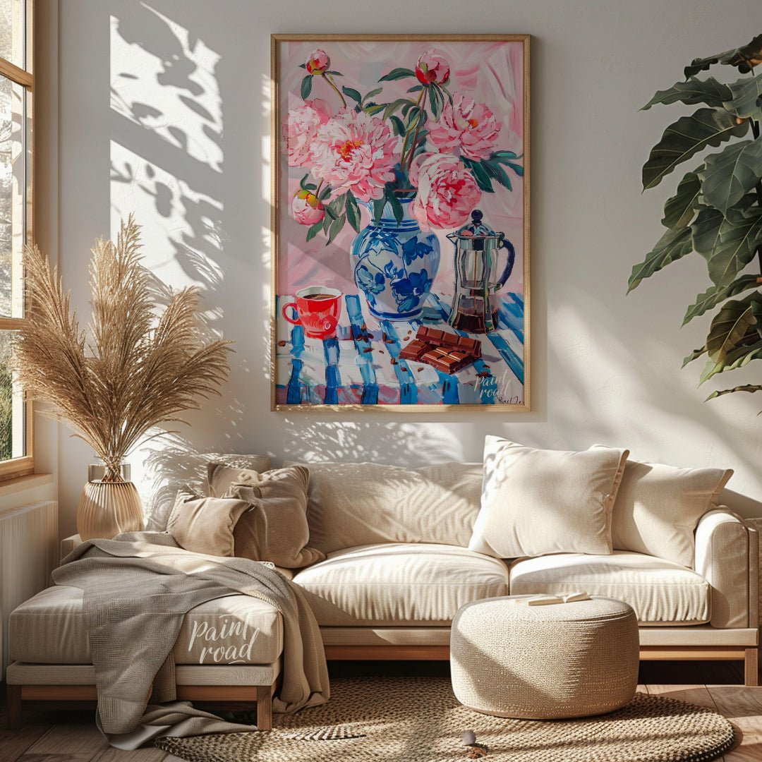Peonies & Coffee Still Life Painting available online at Paintroad showing art artistic and atmosphere