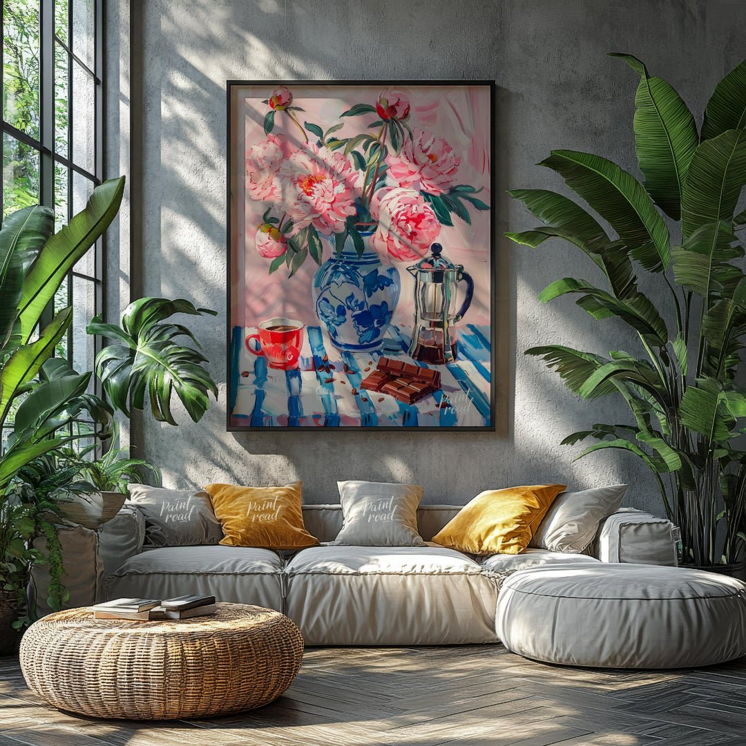 Peonies & Coffee Still Life Painting available online at Paintroad showing art artistic and atmosphere