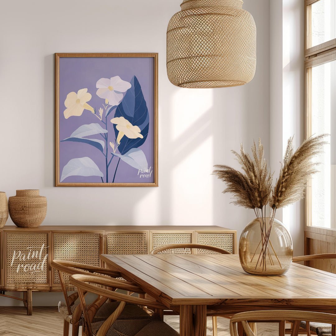This serene digital illustration features three pale yellow flowers with delicate petals, accompani… for dining room