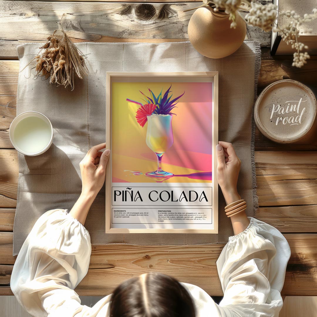 This exotically vibrant poster showcases a refreshing Piña Colada, presented in a tall, elegant hur… for dining room