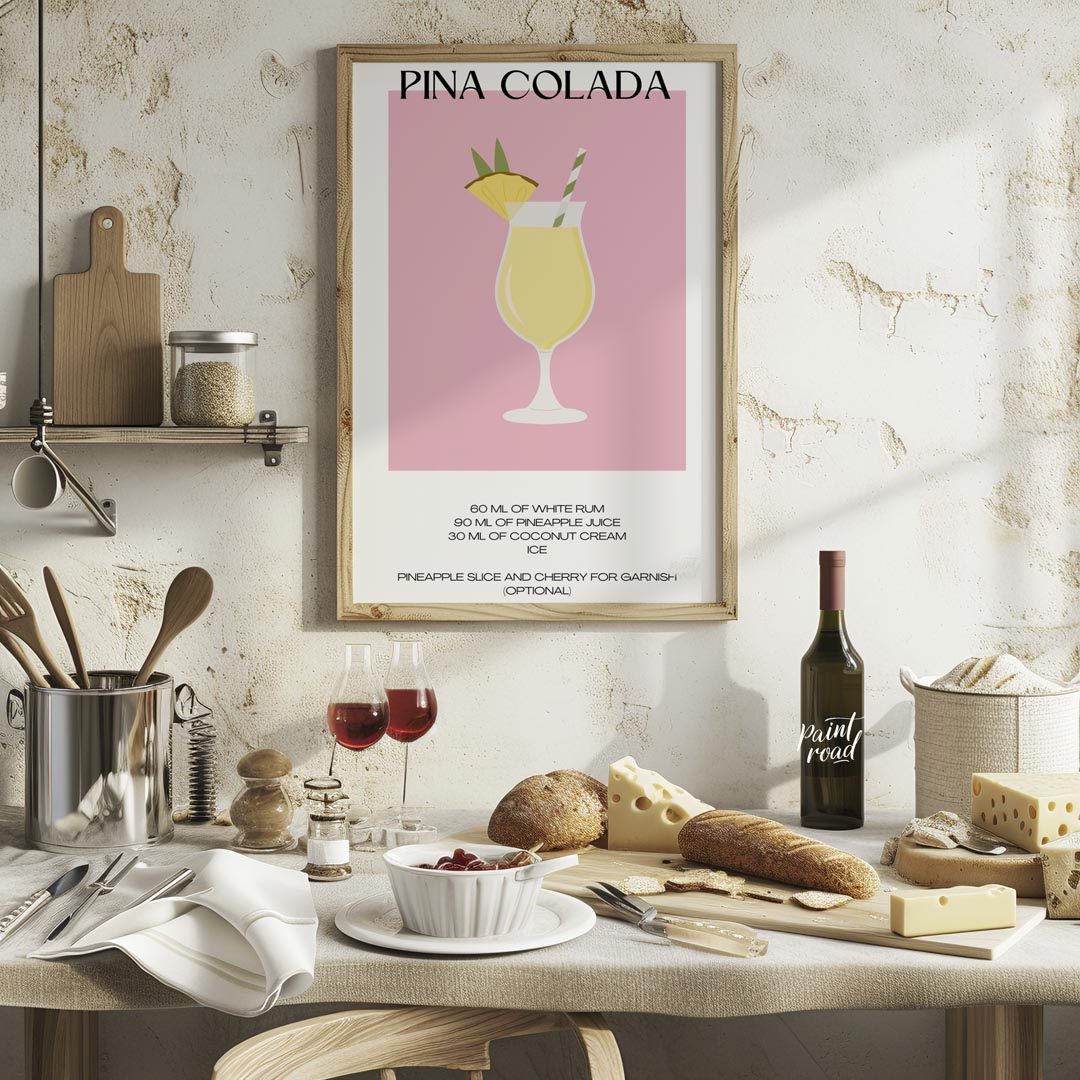 This charming minimalist poster features a delightful illustration of a Piña Colada. The drink is s… for kitchen