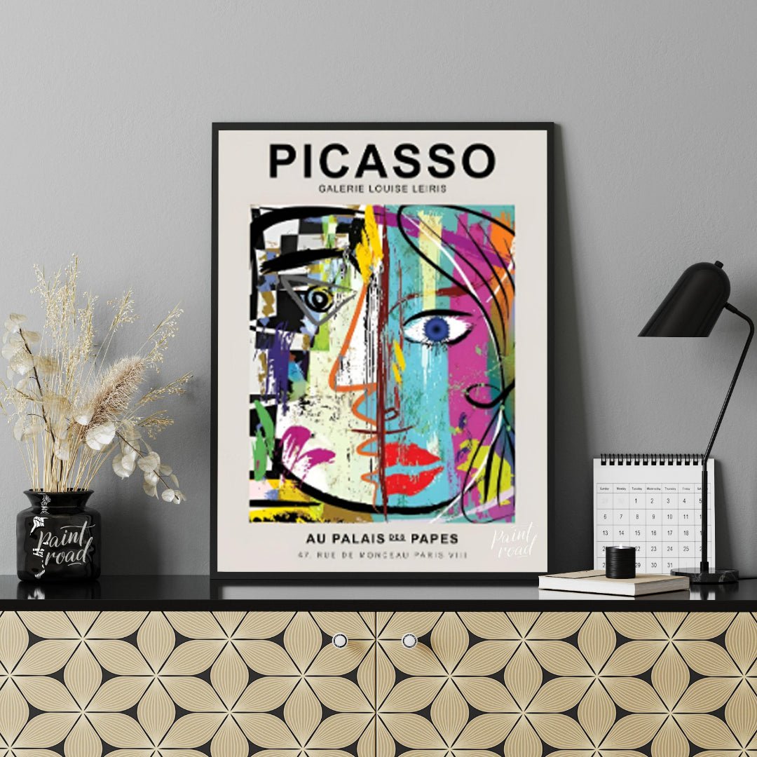 This highly energetic and colorful poster advertises a Picasso exhibition at Galerie Louise Leiris,… for other