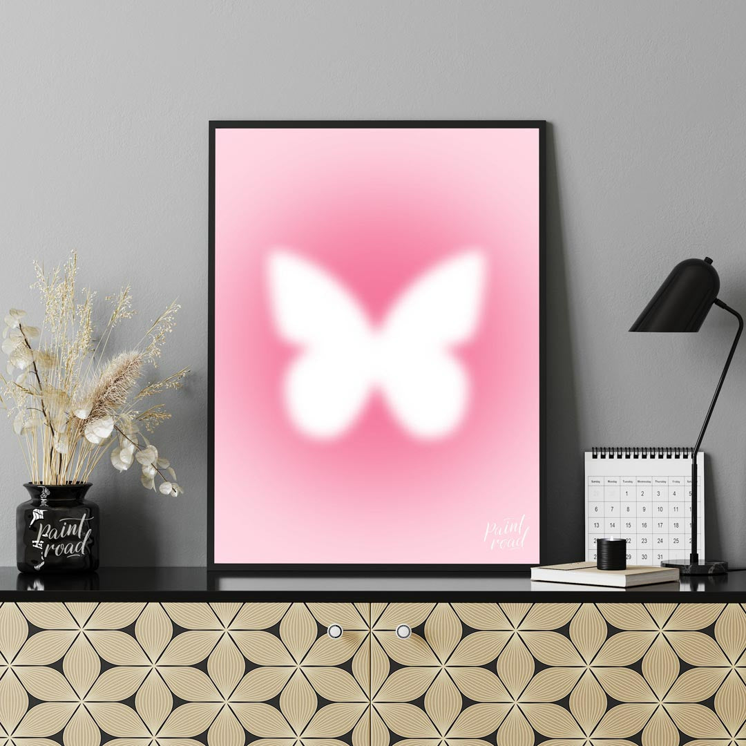 This ethereal and minimalist art print features a soft, glowing white silhouette of a butterfly, se… for office