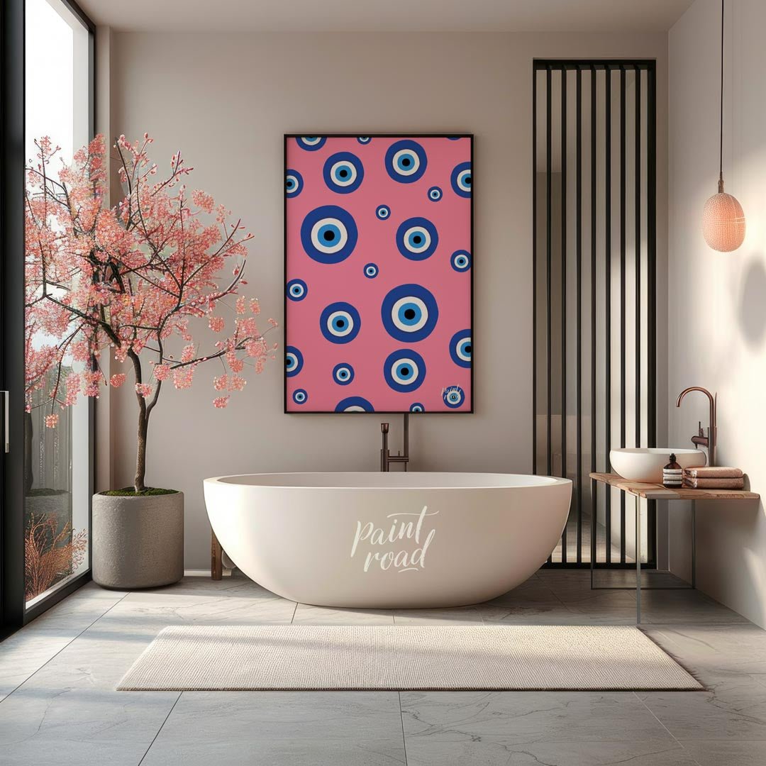 Pink Evil Eye Painting available online at Paintroad showing aesthetic bathroom and blue