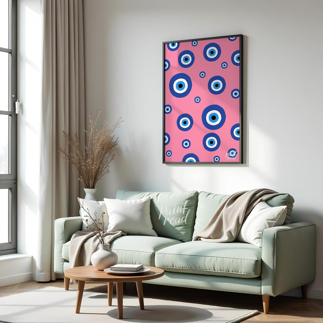 Pink Evil Eye Painting available online at Paintroad showing aesthetic bathroom and blue