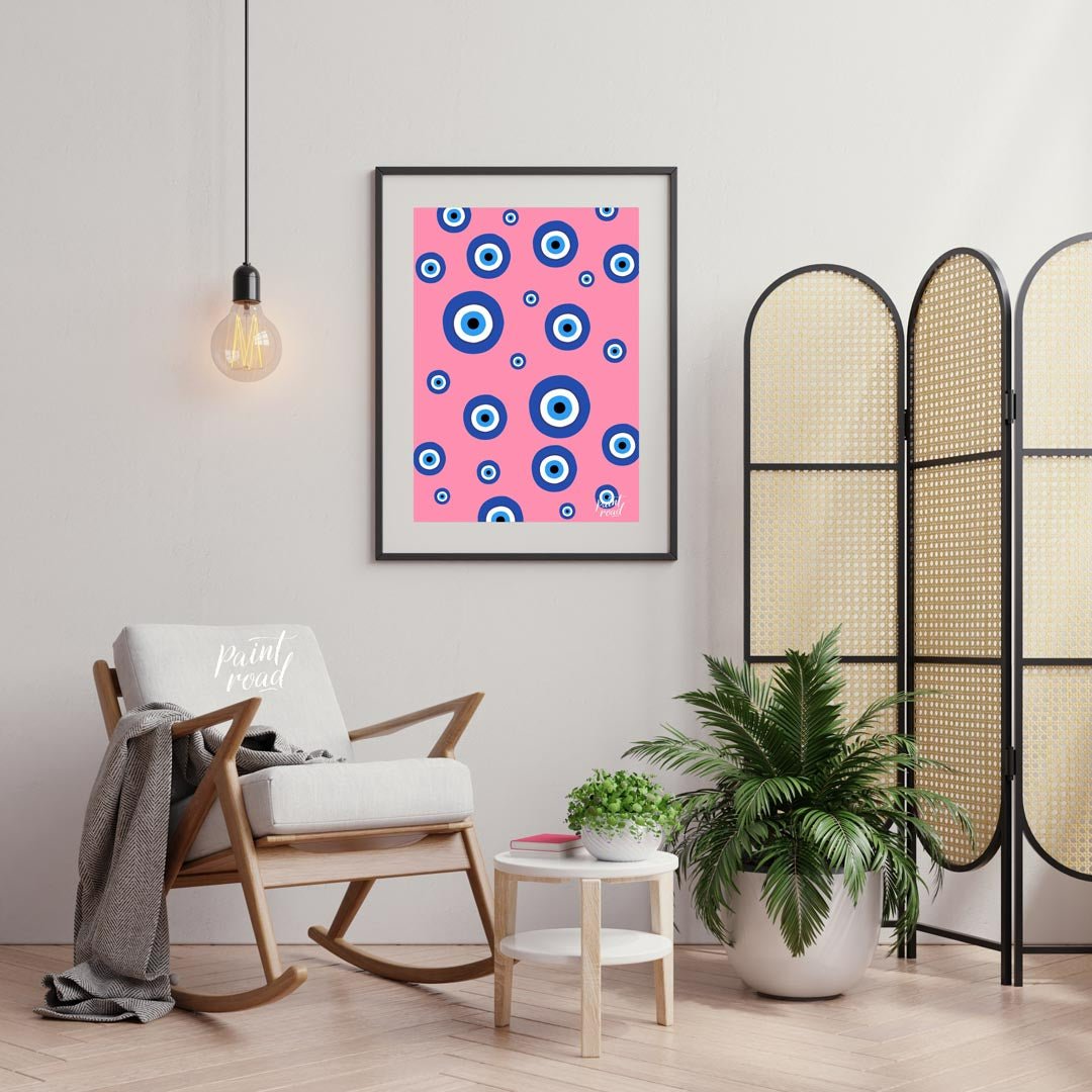 Pink Evil Eye Painting available online at Paintroad showing aesthetic bathroom and blue