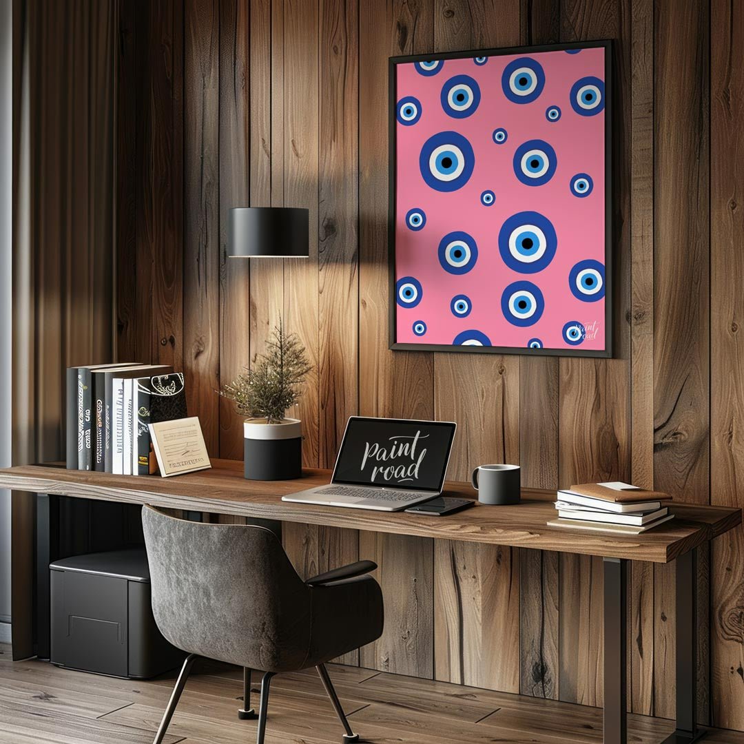 Pink Evil Eye Painting available online at Paintroad showing aesthetic bathroom and blue