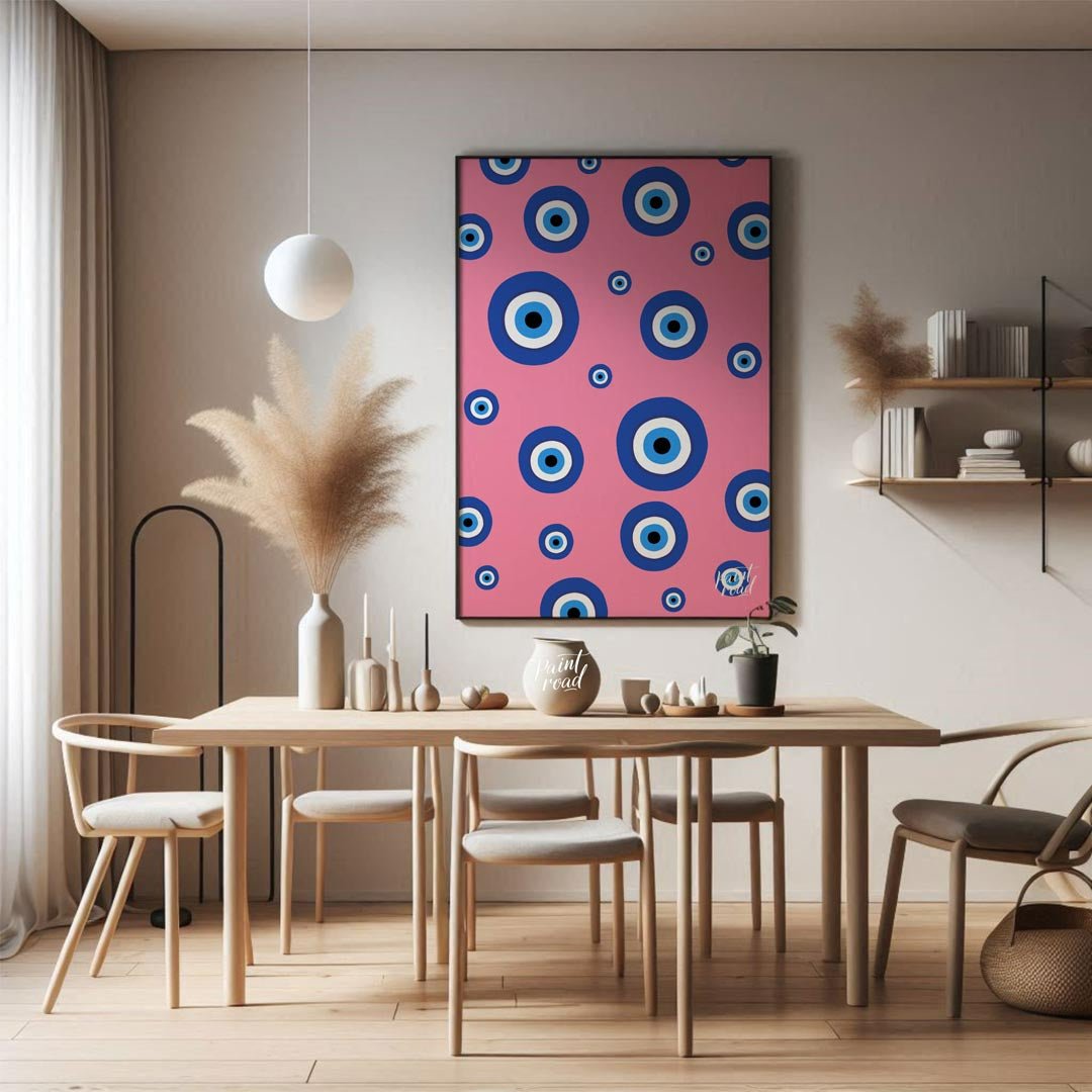 Pink Evil Eye Painting available online at Paintroad showing aesthetic bathroom and blue