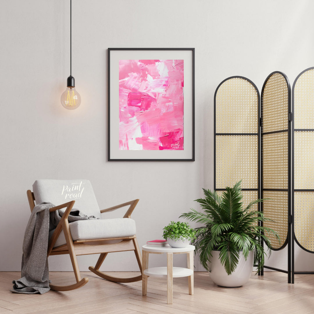 This abstract painting is a symphony of pink hues, rendered with bold, expressive brushstrokes. The… for living room