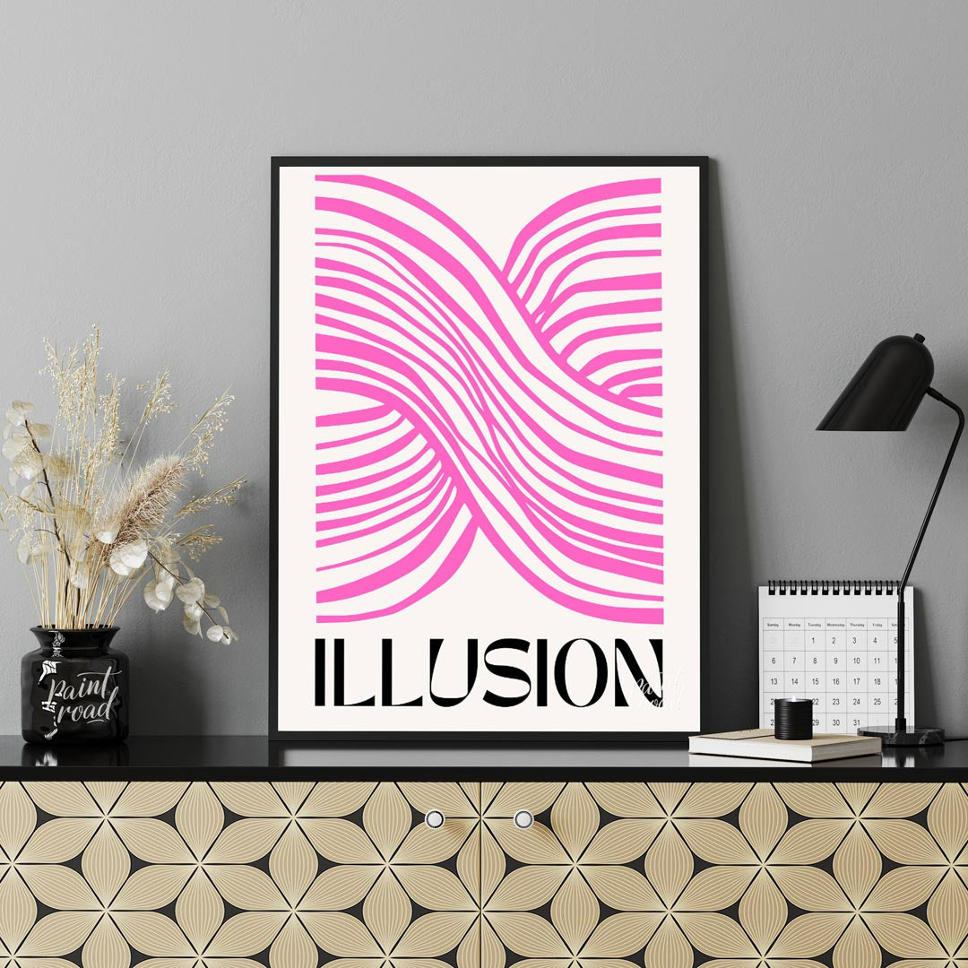 This striking and modern abstract artwork features the word “ILLUSION” in a bold, black serif font … for home
