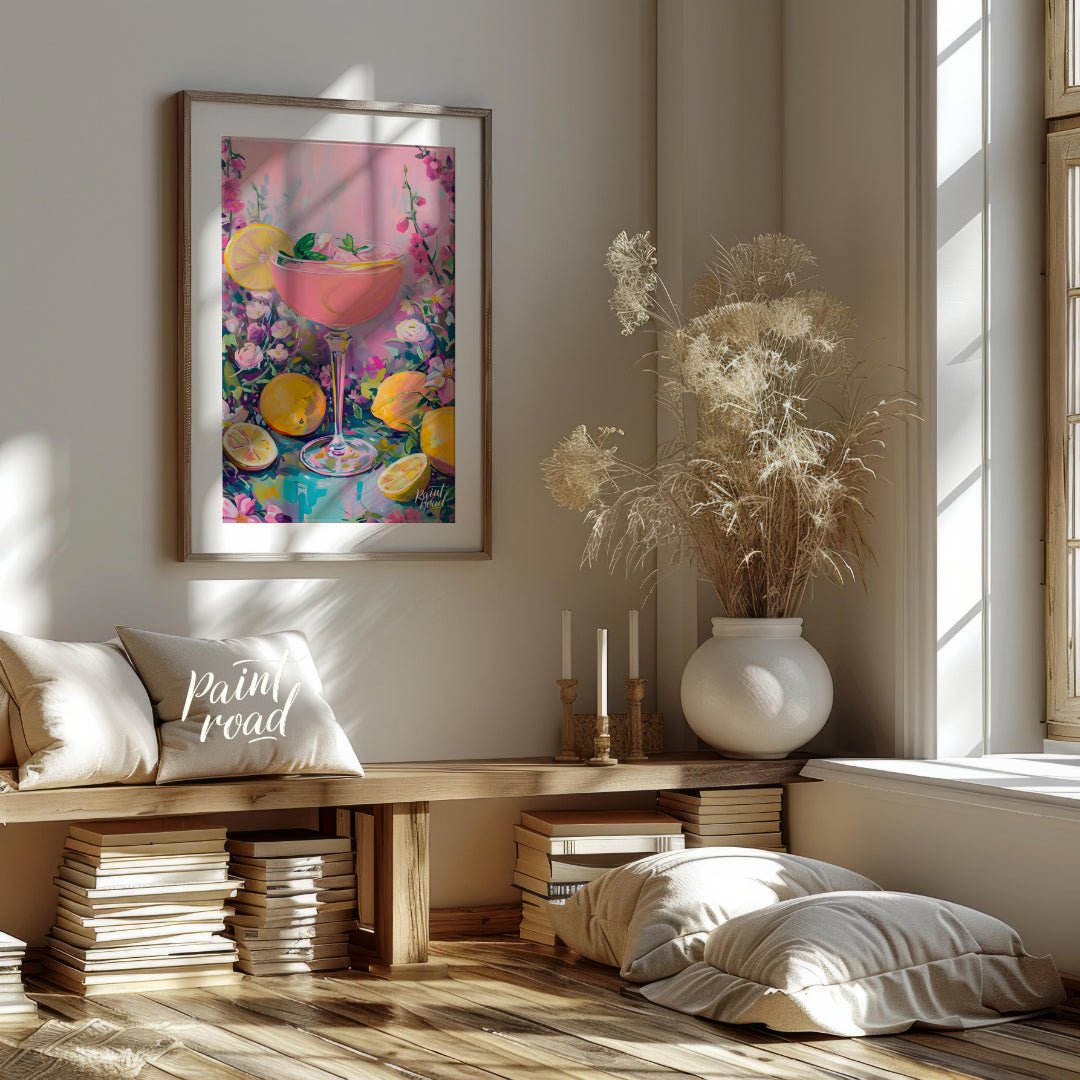 This artwork captures the essence of a refreshing pink lemonade cocktail amidst a flourishing flora… for living room
