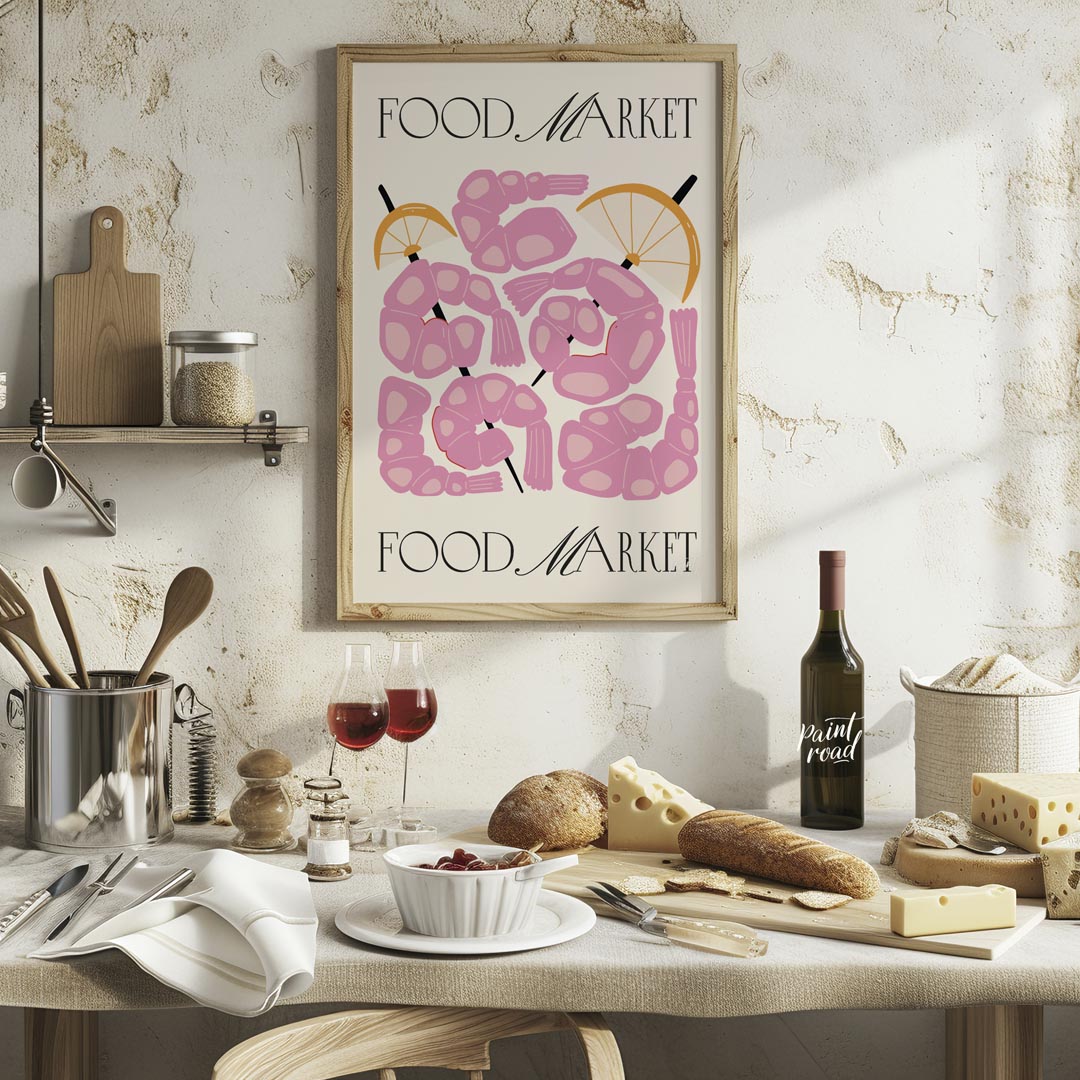 This eye-catching poster, titled "FOOD MARKET" at both the top and bottom, showcases an artistic in… for kitchen
