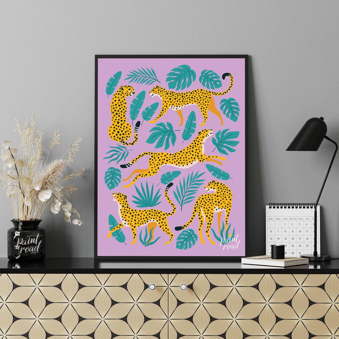 This vibrant and whimsical artwork features an array of stylized leopards in various playful poses,… for office