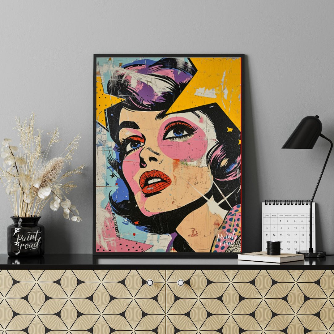 "Pop Fragment" presents a dynamic portrait in a pop art style, featuring a woman's face rendered wi… for office