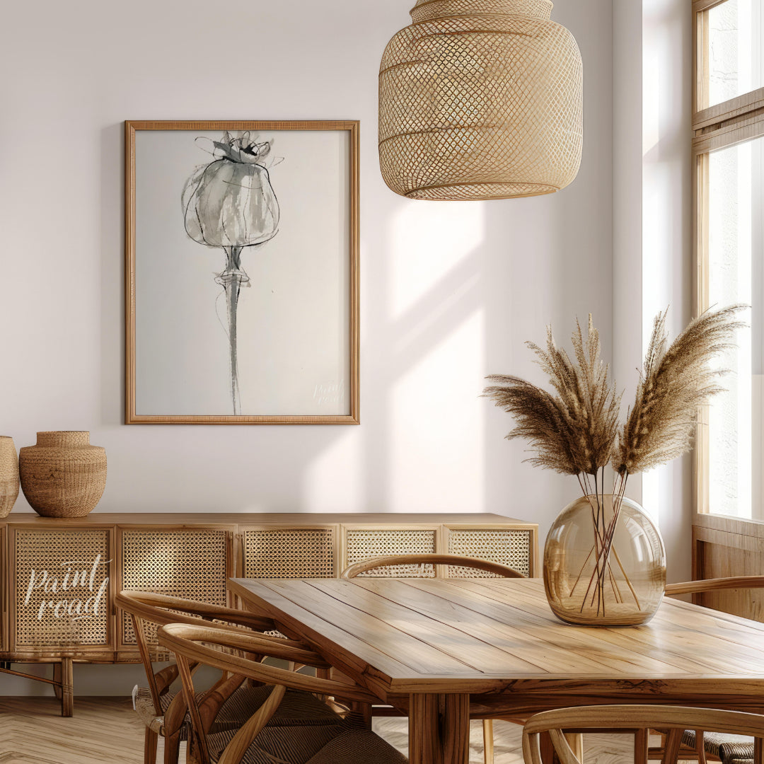 """Poppy Sketch"" presents a delicate, minimalist rendering of a poppy flower in ink on paper. The … for dining room