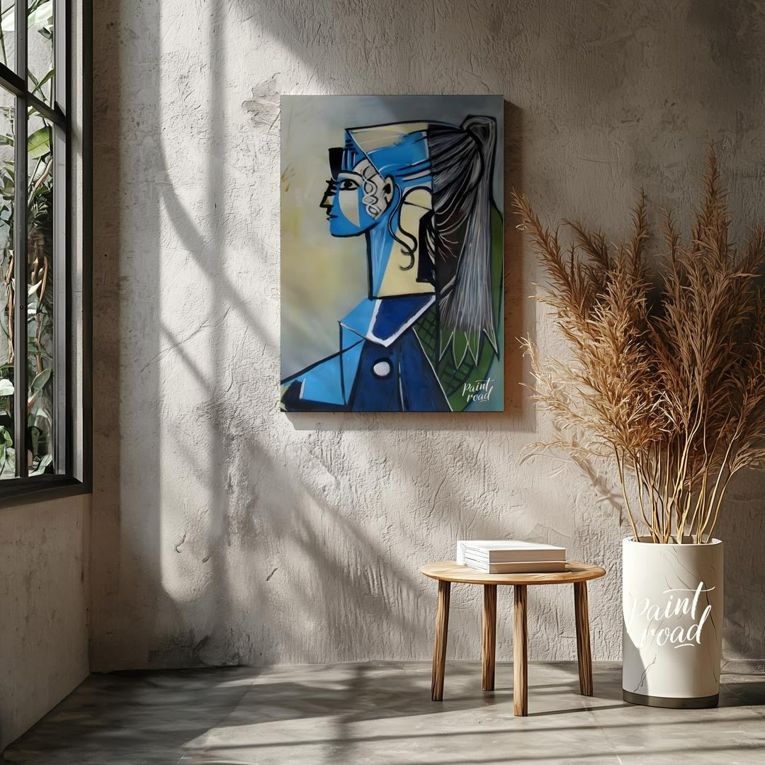 Portrait of Sylvette David in Blue Painting available online at Paintroad showing abstract portrait art collector and art gallery