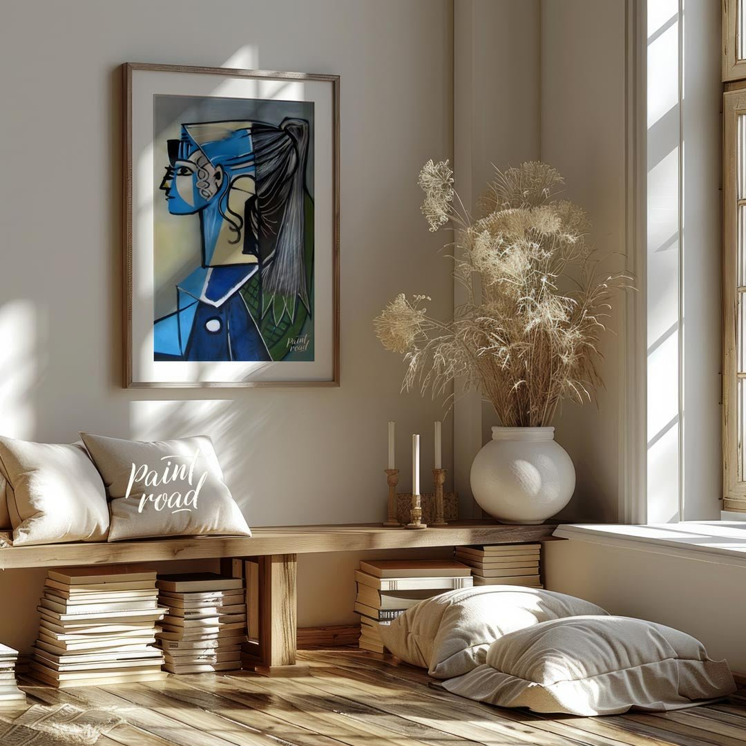 Portrait of Sylvette David in Blue Painting available online at Paintroad showing abstract portrait art collector and art gallery