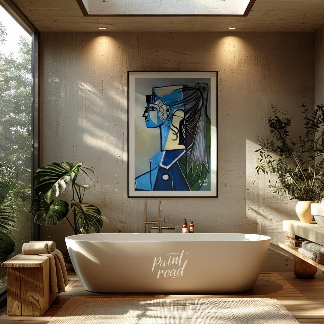 Portrait of Sylvette David in Blue Painting available online at Paintroad showing abstract portrait art collector and art gallery