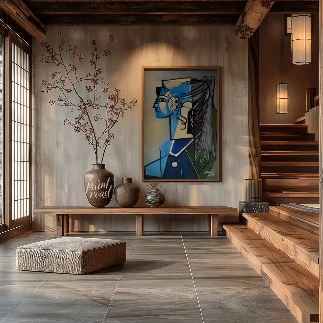 Portrait of Sylvette David in Blue Painting available online at Paintroad showing abstract portrait art collector and art gallery