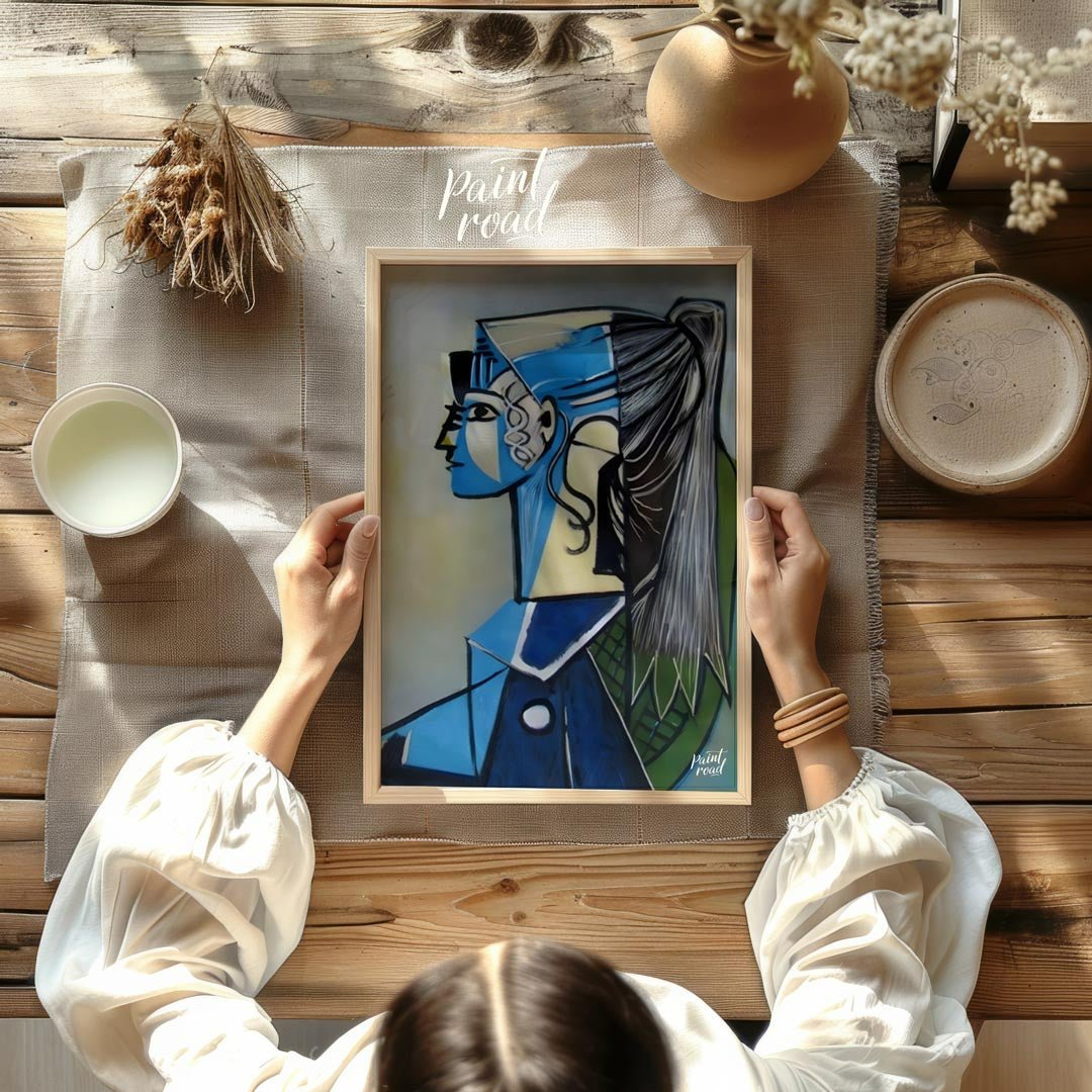 Portrait of Sylvette David in Blue Painting available online at Paintroad showing abstract portrait art collector and art gallery
