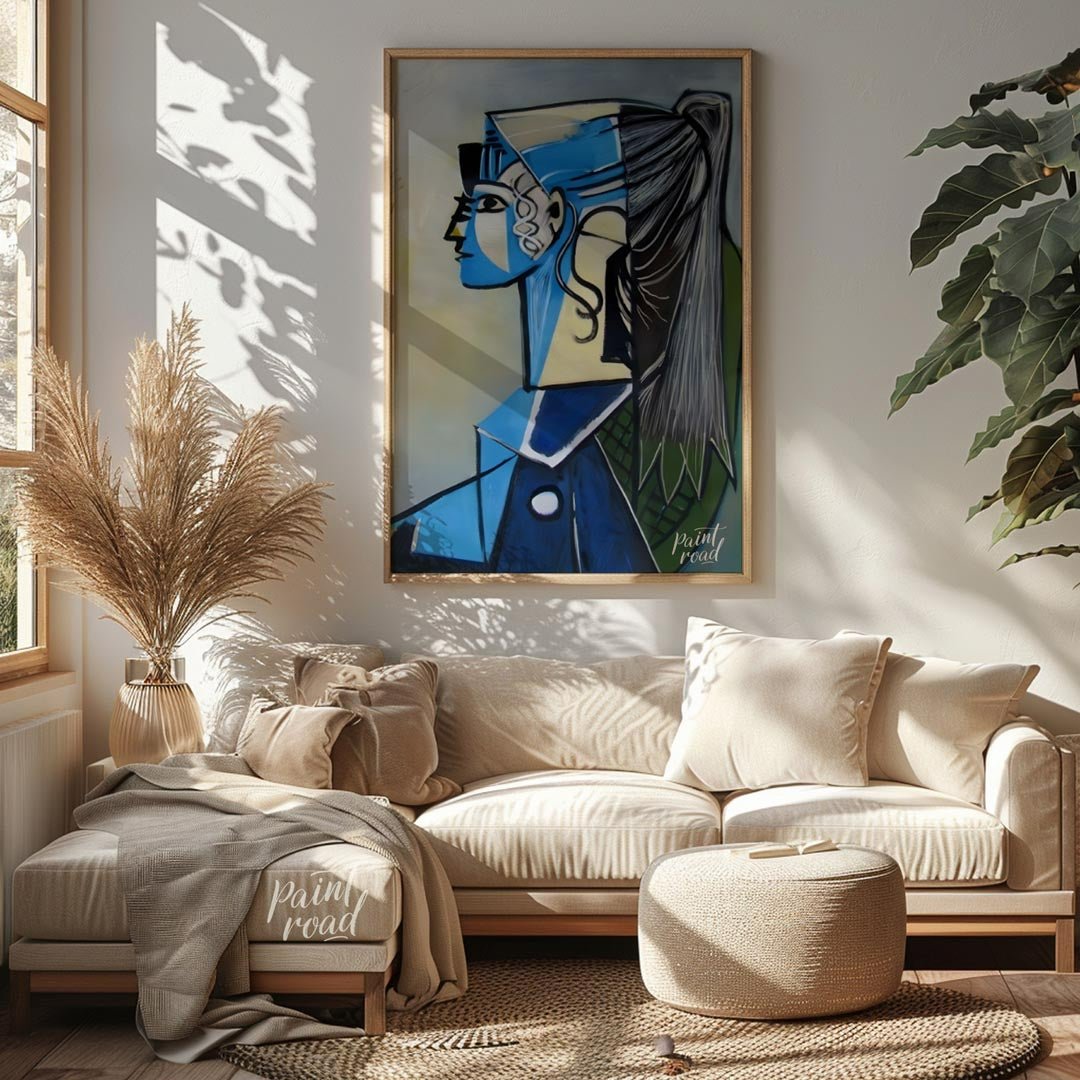 Portrait of Sylvette David in Blue Painting available online at Paintroad showing abstract portrait art collector and art gallery