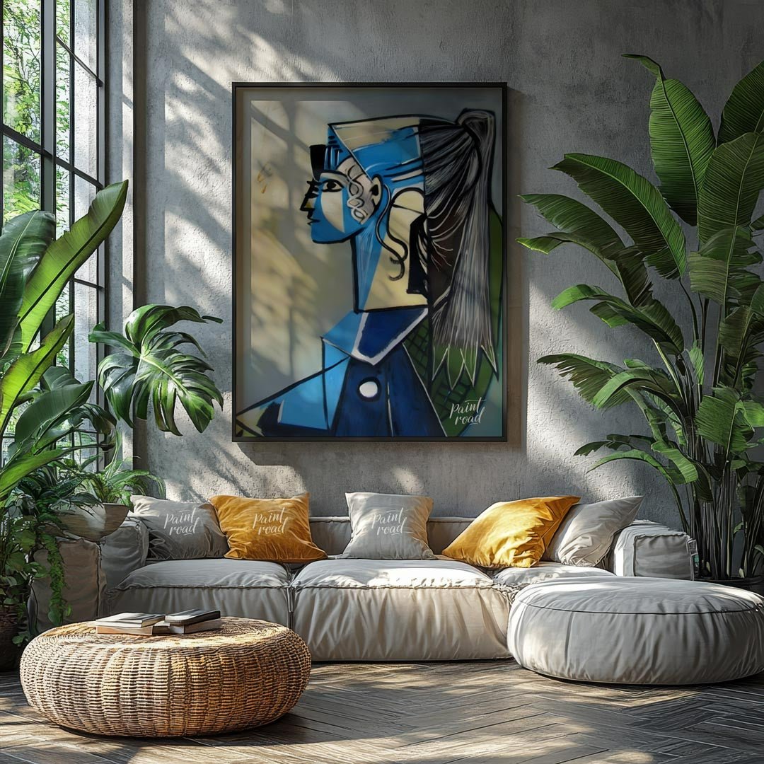 Portrait of Sylvette David in Blue Painting available online at Paintroad showing abstract portrait art collector and art gallery