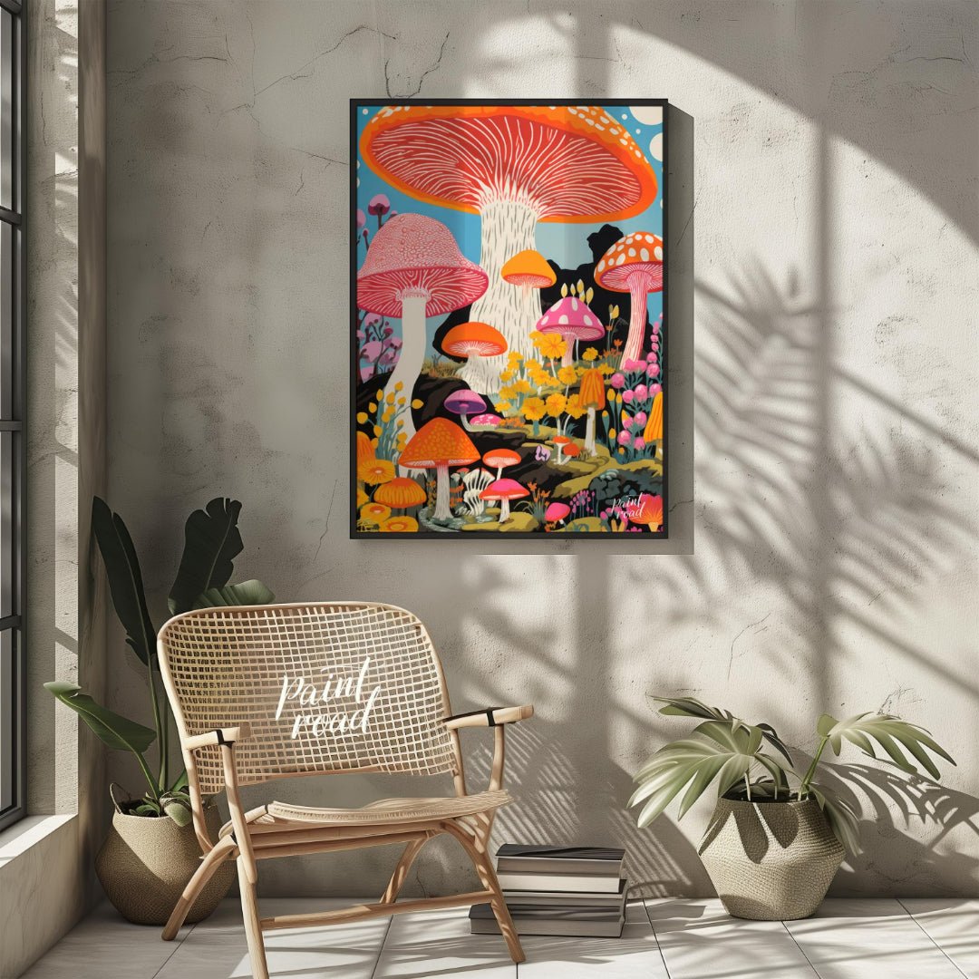 Psychedelic Mushroom Forest Painting available online at Paintroad showing blue bright pink and child’s bedroom