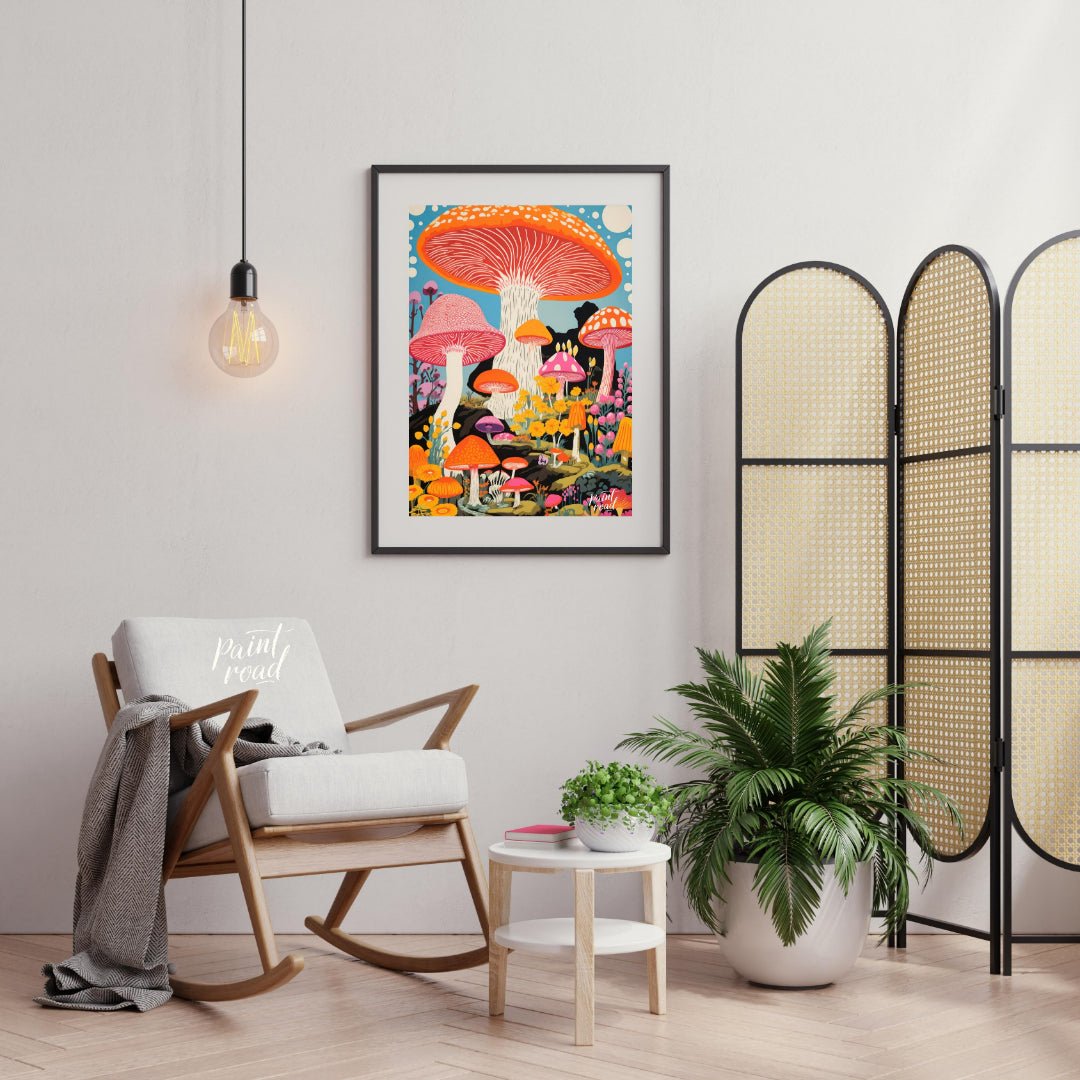 Psychedelic Mushroom Forest Painting available online at Paintroad showing blue bright pink and child’s bedroom