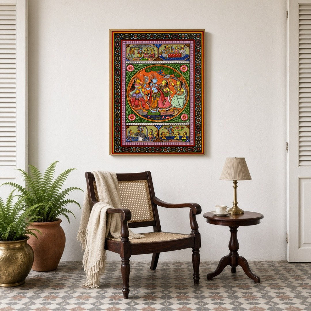 Experience the divine dance of Radha and Krishna captured in this exquisite Pattachitra artwork. for Sitting Lounge