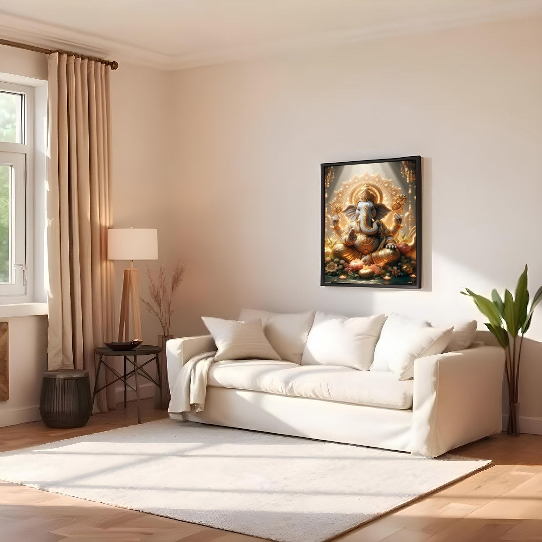 This exquisite artwork captures the divine presence of Lord Ganesha, enveloped in a heavenly golden for Family Room