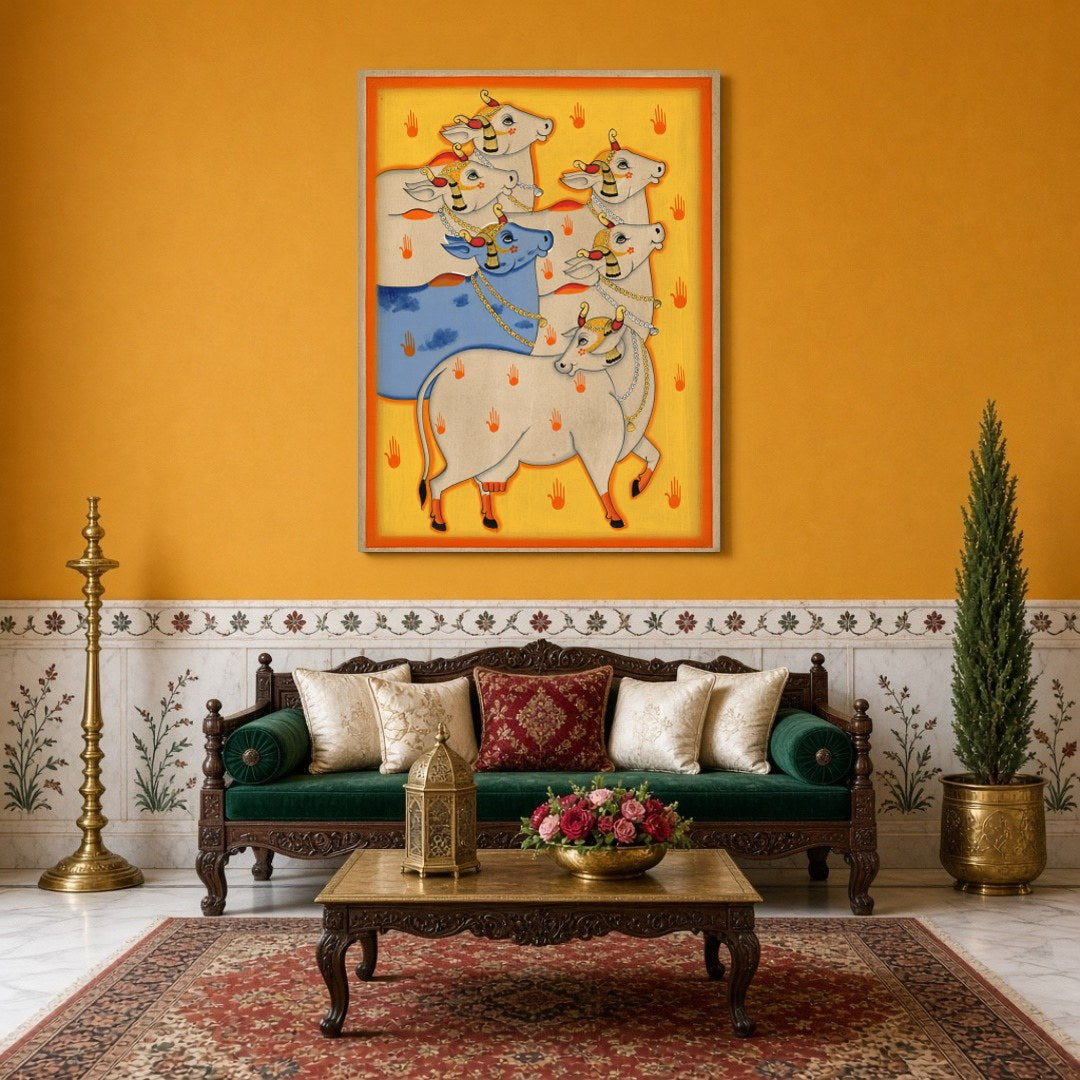 Experience the captivating allure of Indian heritage with 'Radiant Harmony: Blue and White Cows in for Sitting Area
