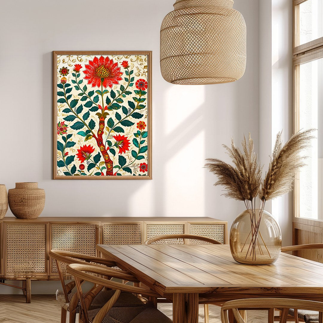 This exquisite artwork features a mesmerizing display of vibrant red flowers intricately woven into for Extra Kitchen