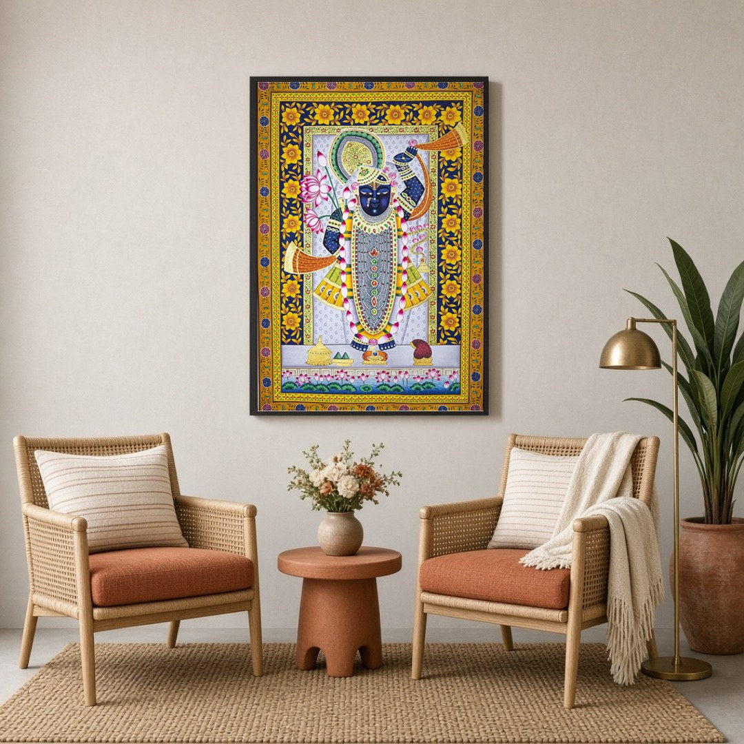 Celebrate the divine presence of Shrinathji with this exquisite Pichwai artwork, adorned with for Sitting Lounge