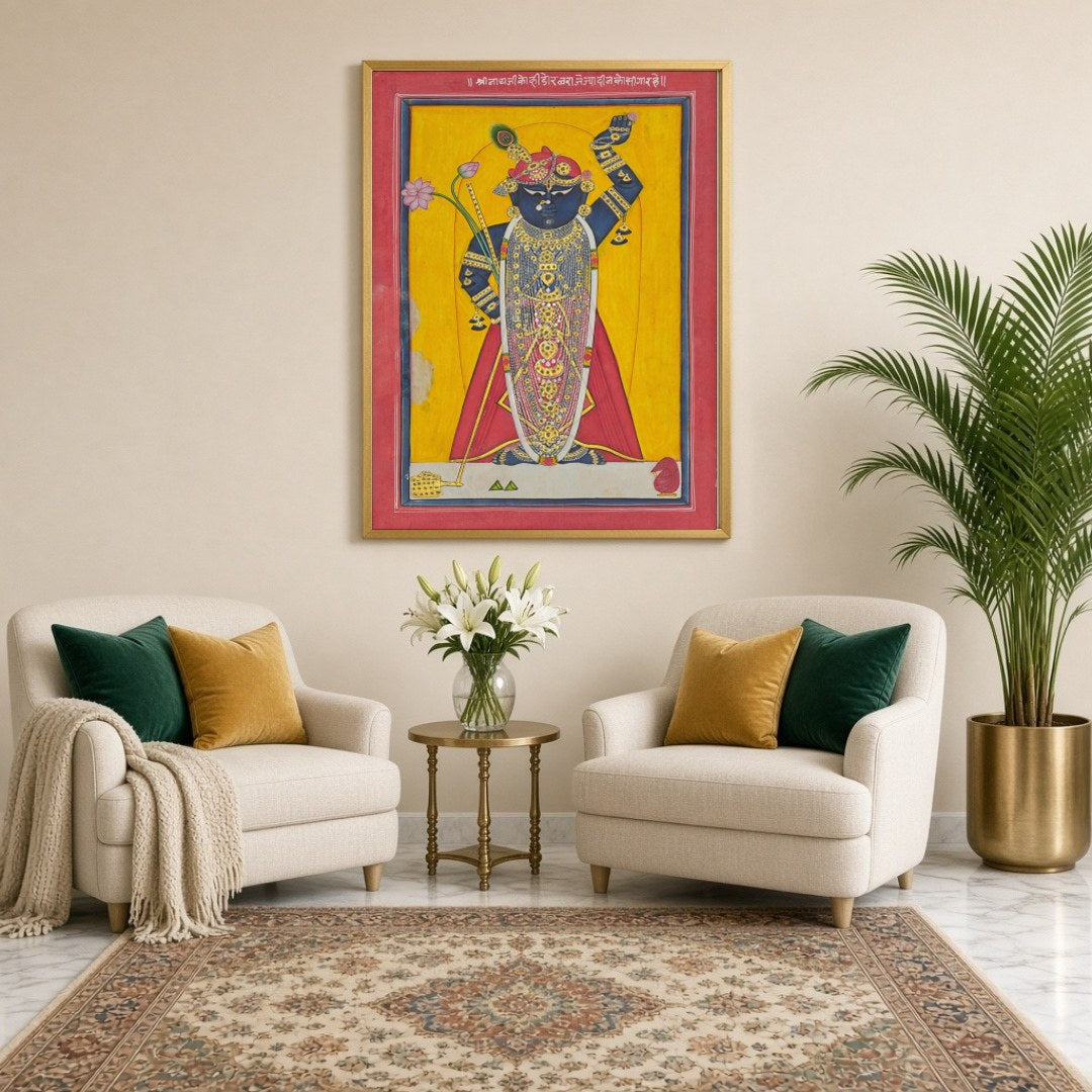 Celebrate the divine presence of Shrinathji with this striking Pichwai artwork, beautifully for Sitting Lounge