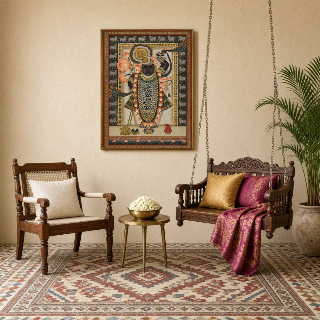 Celebrate the captivating grace of Shrinathji in this mesmerizing Pichwai artwork. Adorned with a for Sitting Lounge