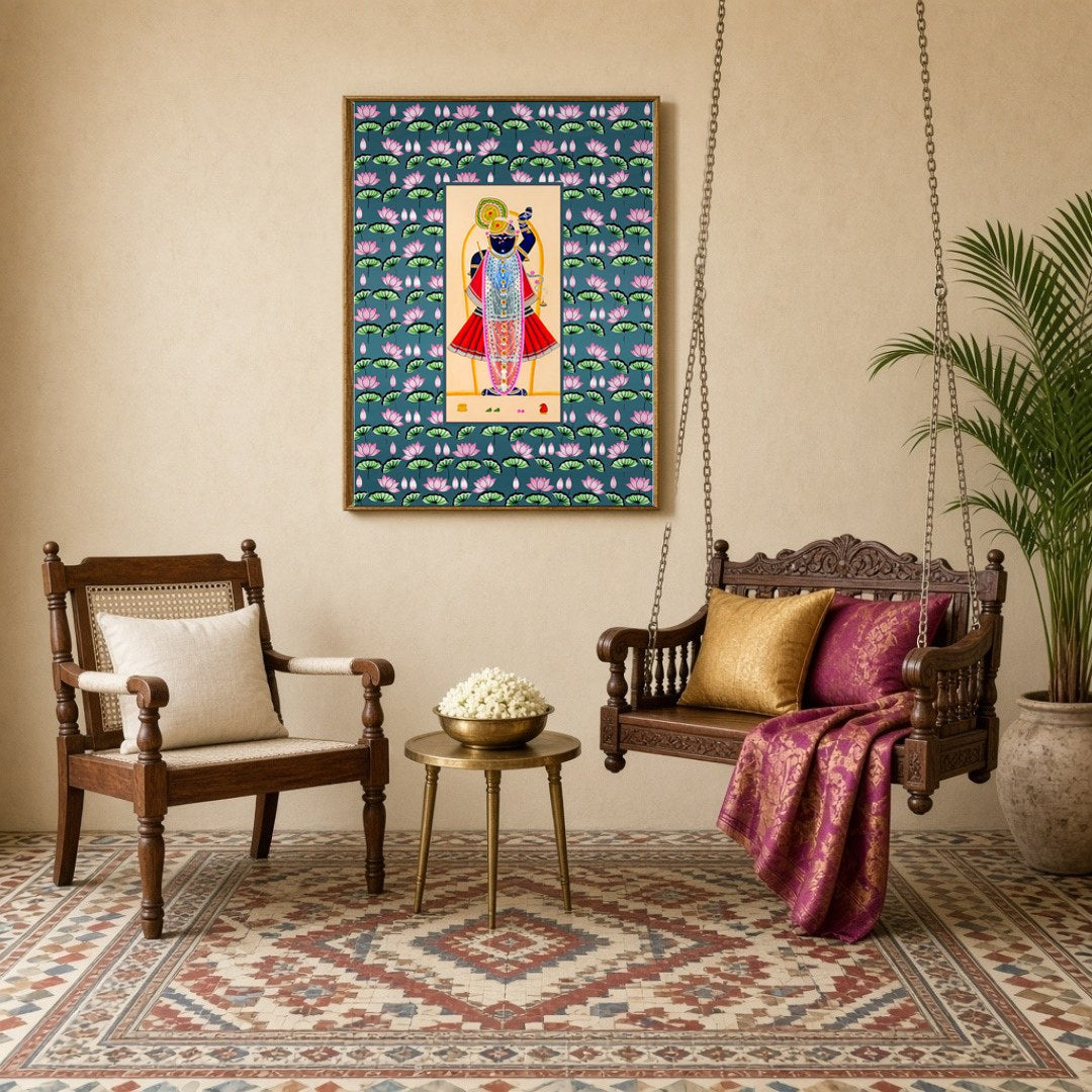 Immerse yourself in the divine elegance of Shrinathji, exquisitely captured in this vibrant Pichwai for Sitting Lounge