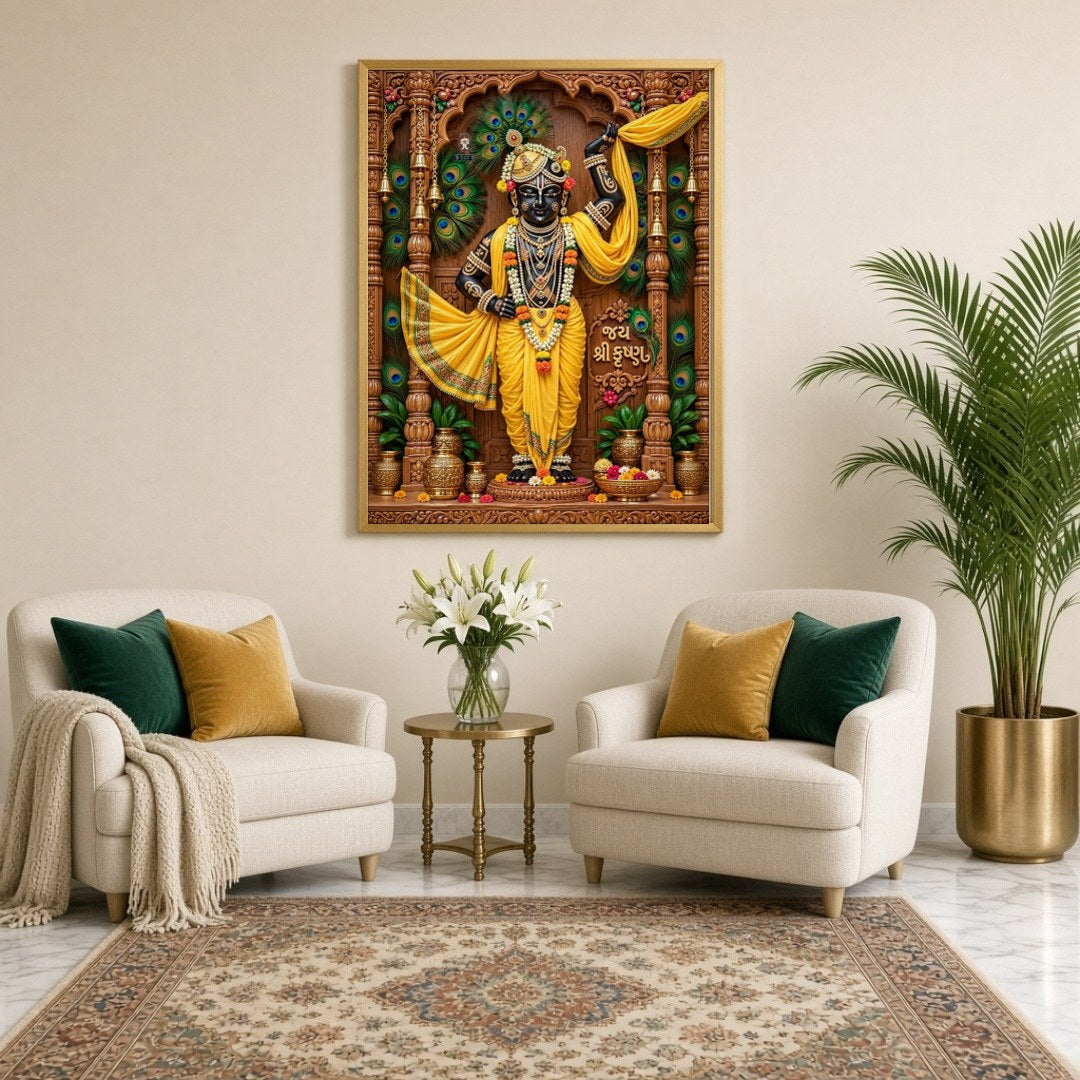 Experience the divine grace of Shrinathji depicted in this exquisite Pichwai artwork. The intricate for Sitting Lounge