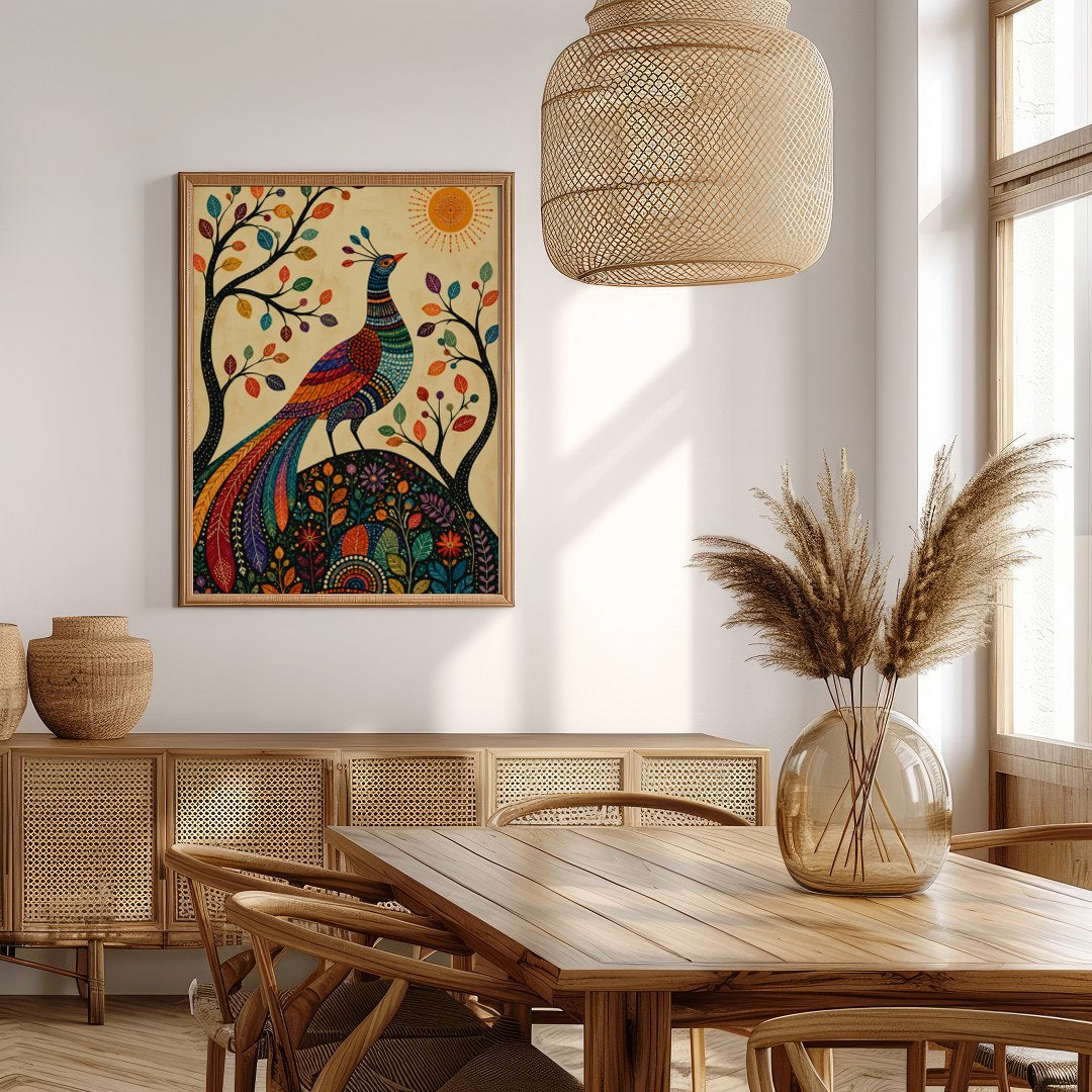 This captivating piece of art features a majestic peacock adorned in vibrant colors, standing for Extra Kitchen