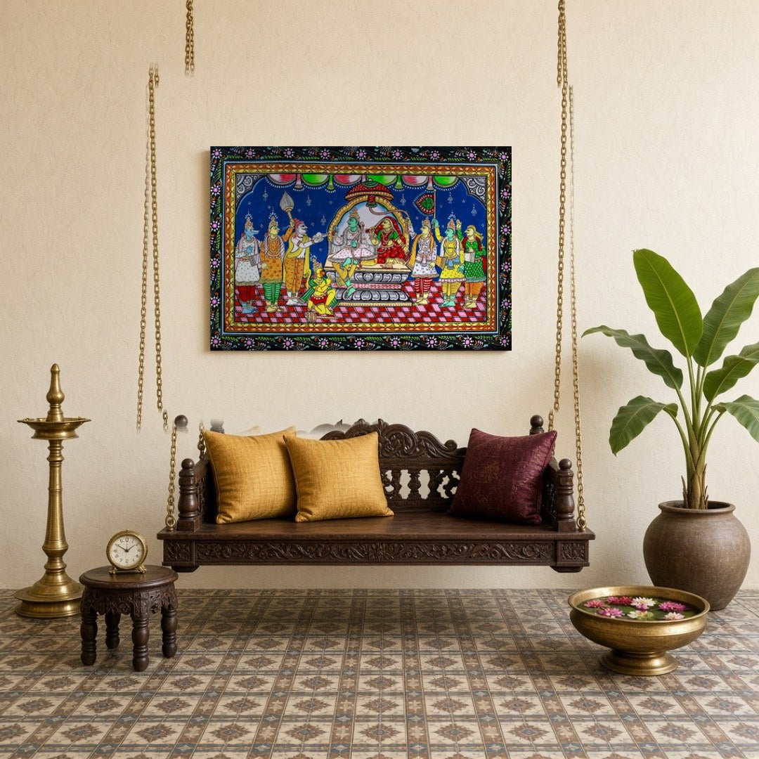 Immerse yourself in the divine splendor of Lord Ram's assembly with this captivating Pattachitra for Sitting Lounge