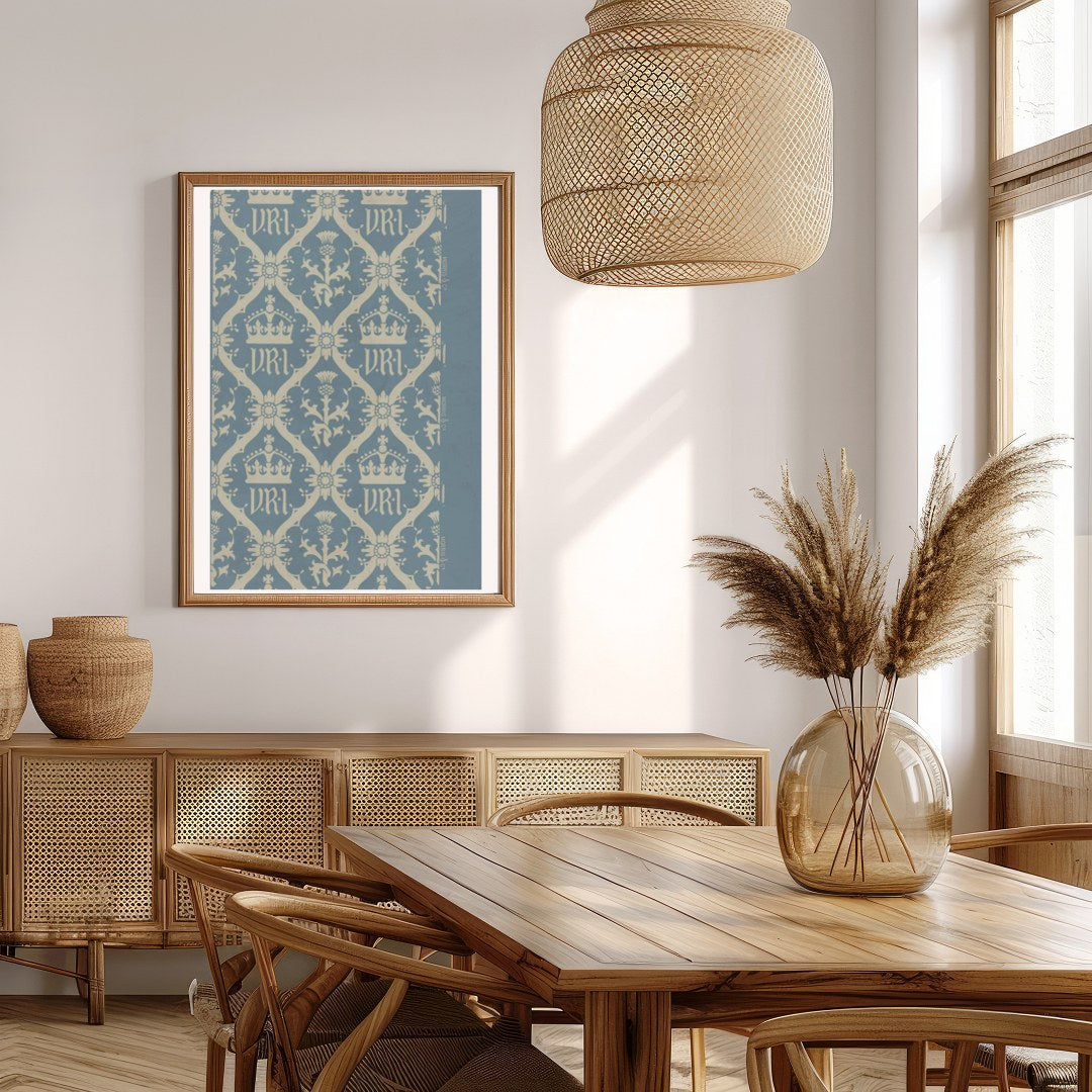 This exquisite artwork captures a vintage-inspired regal crown pattern, set against a calming blue for Extra Kitchen