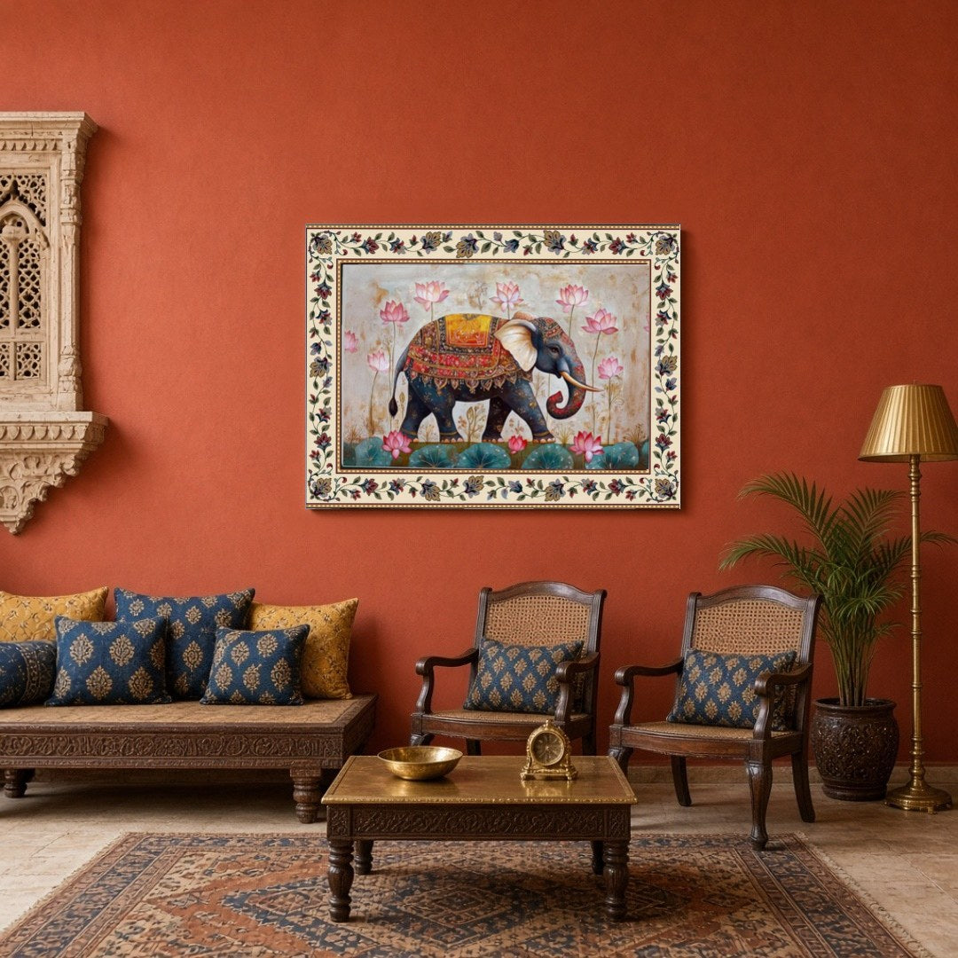 Immerse yourself in the majestic presence of a regal elephant adorned with intricate patterns, set for Sitting Area