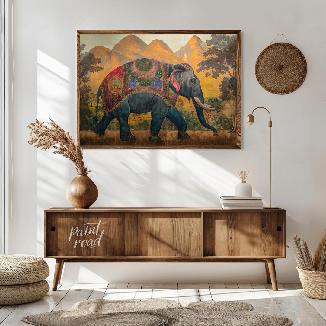 This majestic artwork depicts a beautifully adorned elephant walking gracefully across a grand land… for living room