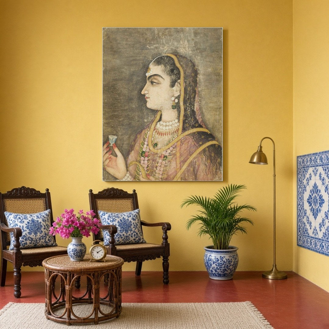 Immerse yourself in the elegance of the Mughal era with this exquisite wall art, featuring a regal for Sitting Area