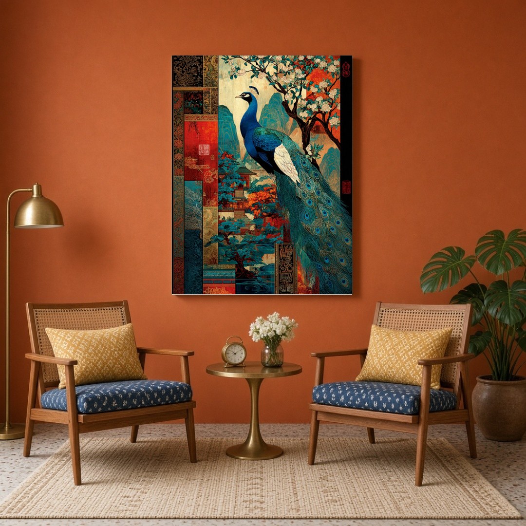 This captivating Pichwai art print captures the majestic beauty of a peacock surrounded by vibrant for Sitting Area