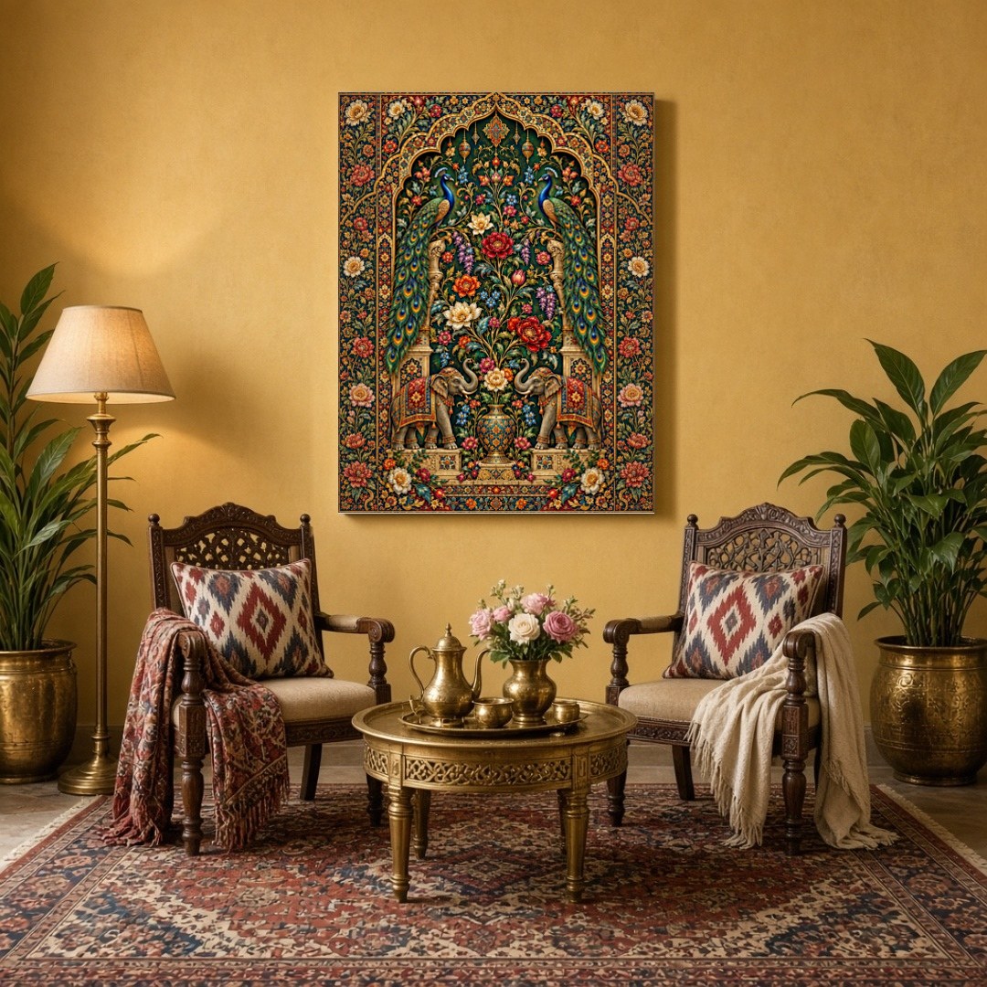Immerse yourself in the opulent beauty of this Pichwai art print, where regal peacocks and majestic for Sitting Area