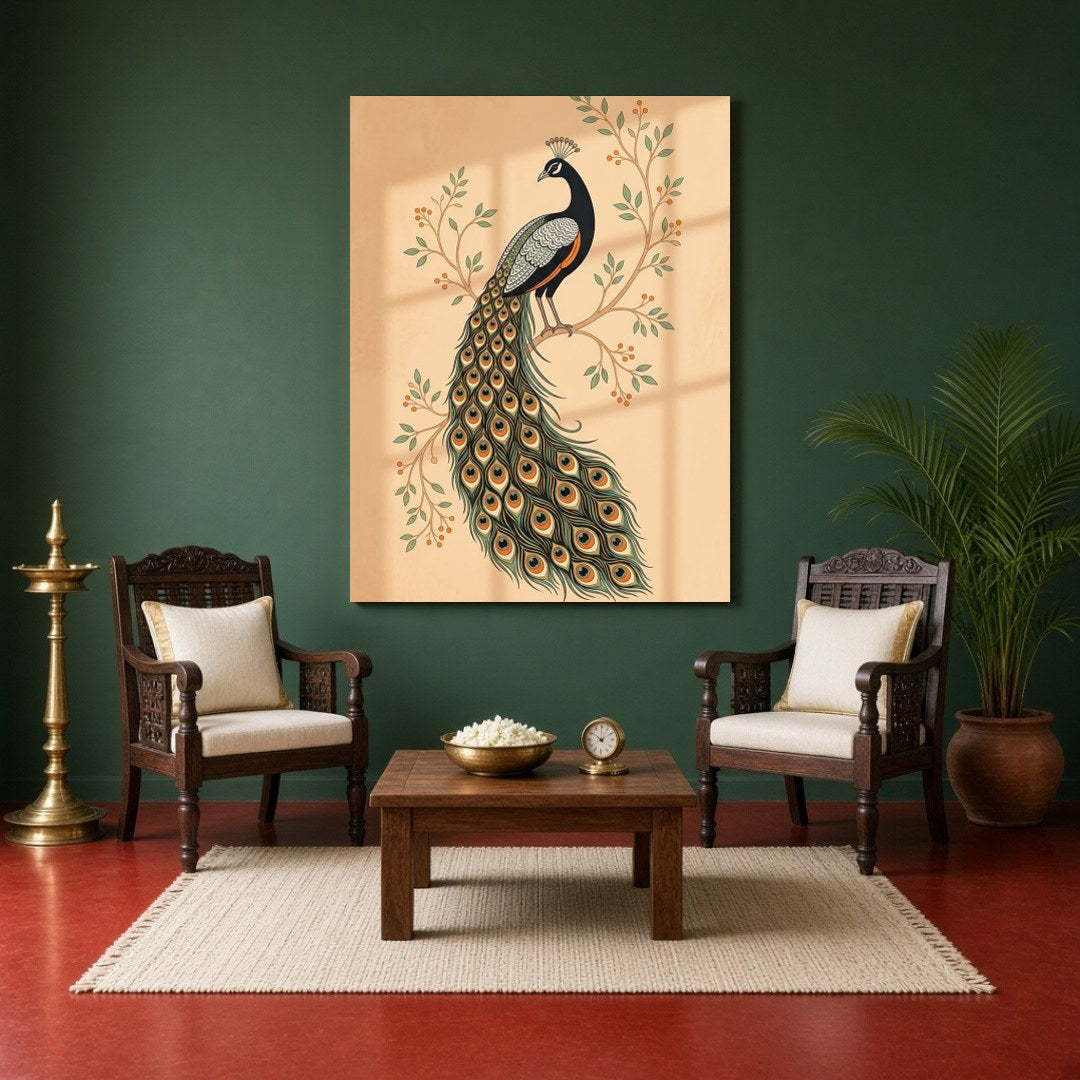 This exquisite Pichwai artwork captures the elegance of a majestic peacock perched on flourishing for Sitting Area