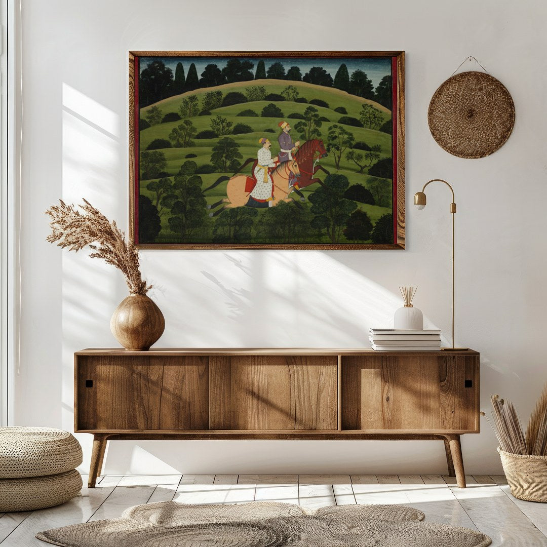 Experience the elegance of a bygone era with this captivating depiction of two noble riders amidst for Sitting Area